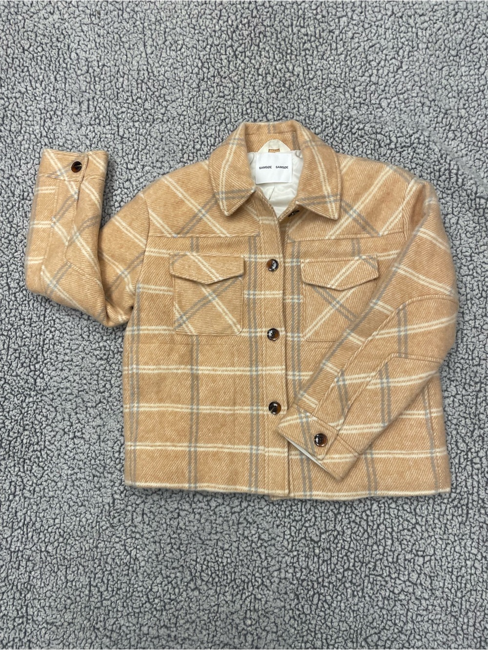 Samsøe Samsøe Leonie Plaid Wool Blend Jacket Shacket Tan Boxy Button Front M